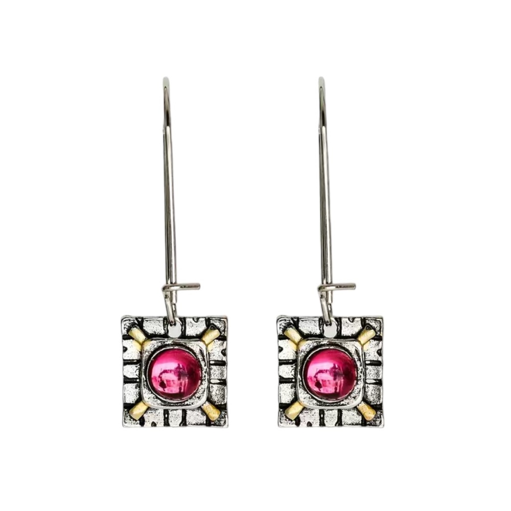 Silver and Gold Red/Pink Gemstone Drop Earrings